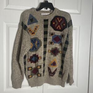 Vintage 90s Northern Isles‎ Sweater Men Medium Beige Geometric Aztec Crewneck